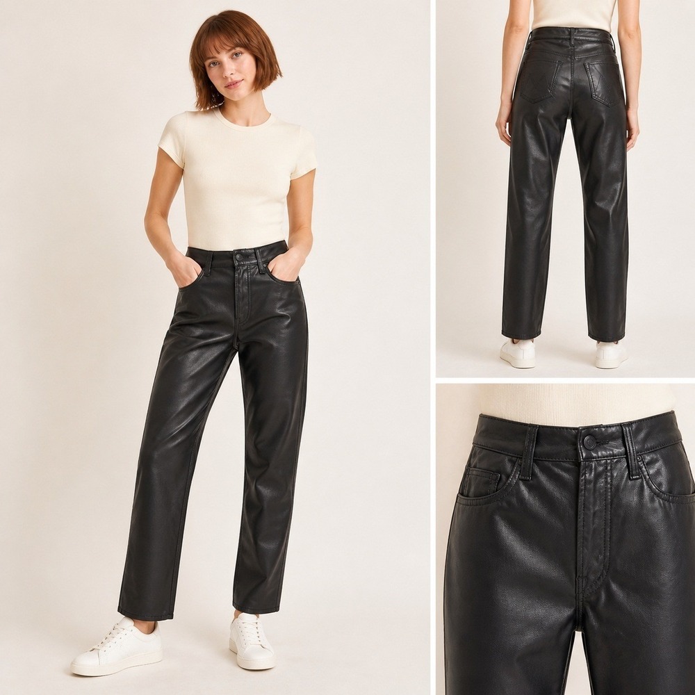 MOTHER High Waisted Rider Ankle Faux Leather Pants Black Wax On Size 27